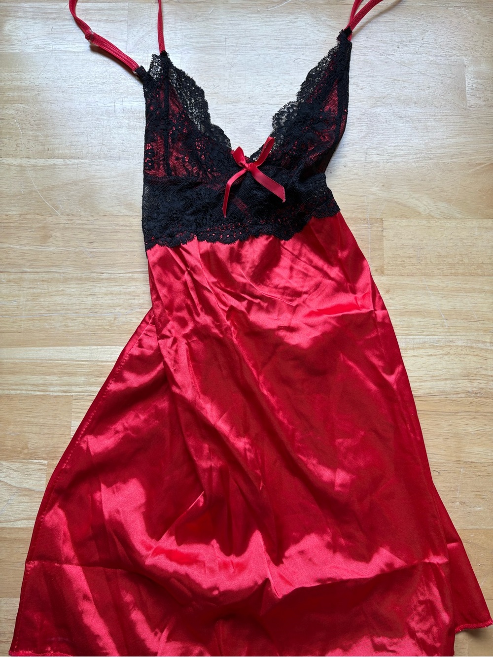 Red Satin & Black Lace Slip Nightgown - Women's Intimate Sleepwear